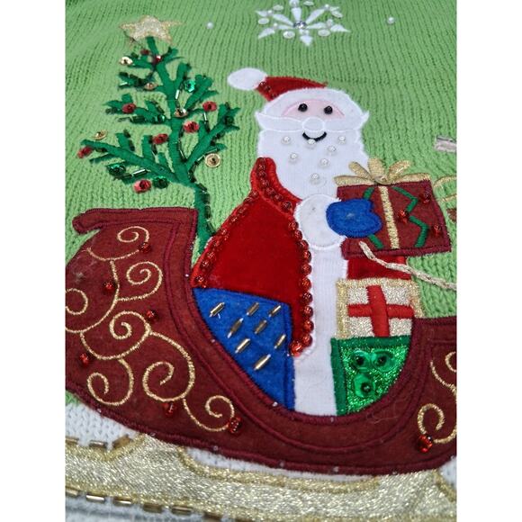 Quacker Factory Women’s 2x Christmas Sweater Green Santa Reindeer Embroidered - Picture 3 of 11